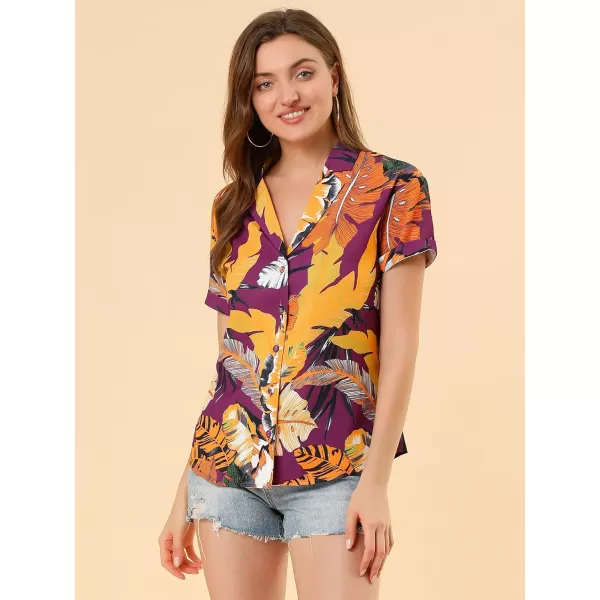 Allegra K Women's Hawaiian Shirt Floral Leaves Printed Short Sleeve Top Button Down Shirt