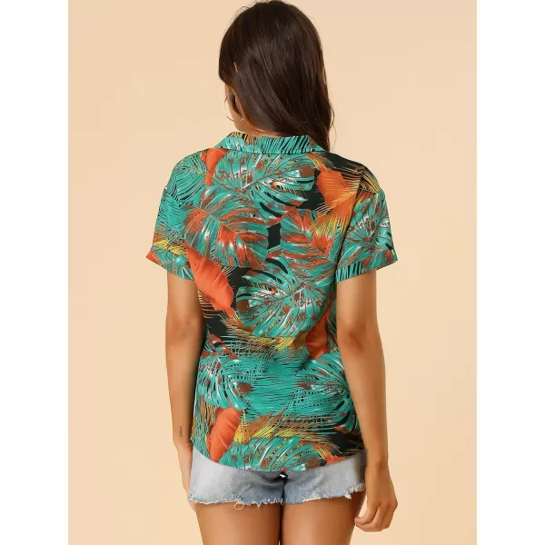 Allegra K Women's Hawaiian Shirt Floral Leaves Printed Short Sleeve Top Button Down Shirt