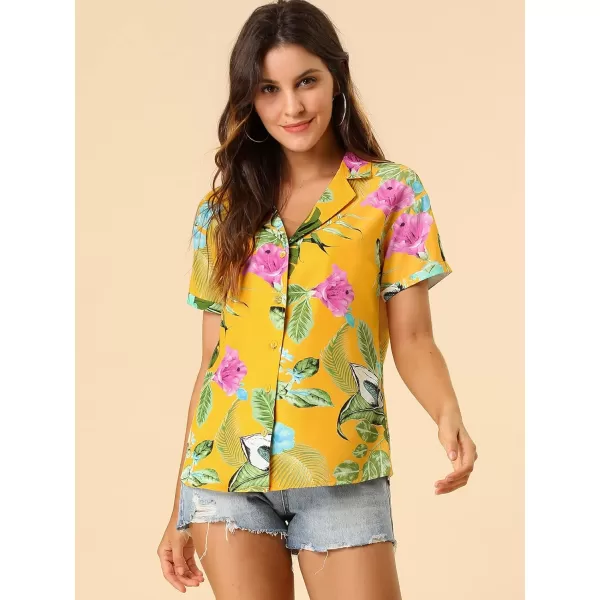 Allegra K Women's Hawaiian Shirt Floral Leaves Printed Short Sleeve Top Button Down Shirt