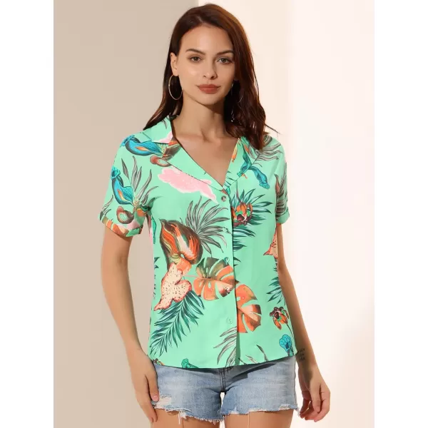 Allegra K Women's Hawaiian Shirt Floral Leaves Printed Short Sleeve Top Button Down Shirt