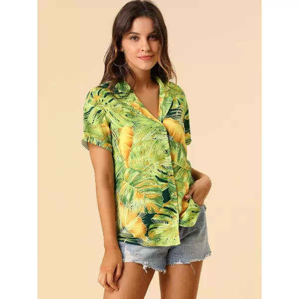 Allegra K Women's Hawaiian Shirt Floral Leaves Printed Short Sleeve Top Button Down Shirt