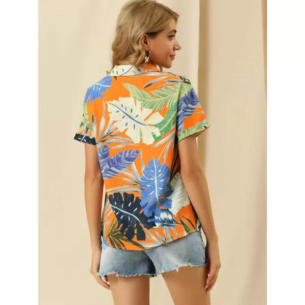 Allegra K Women's Hawaiian Shirt Floral Leaves Printed Short Sleeve Top Button Down Shirt