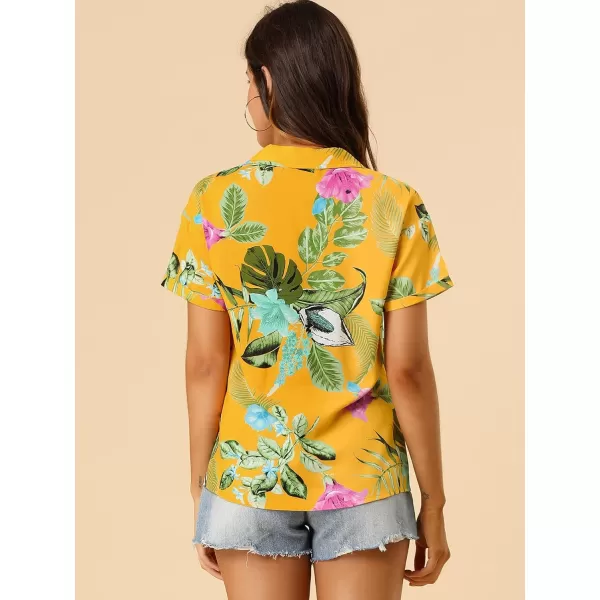 Allegra K Women's Hawaiian Shirt Floral Leaves Printed Short Sleeve Top Button Down Shirt