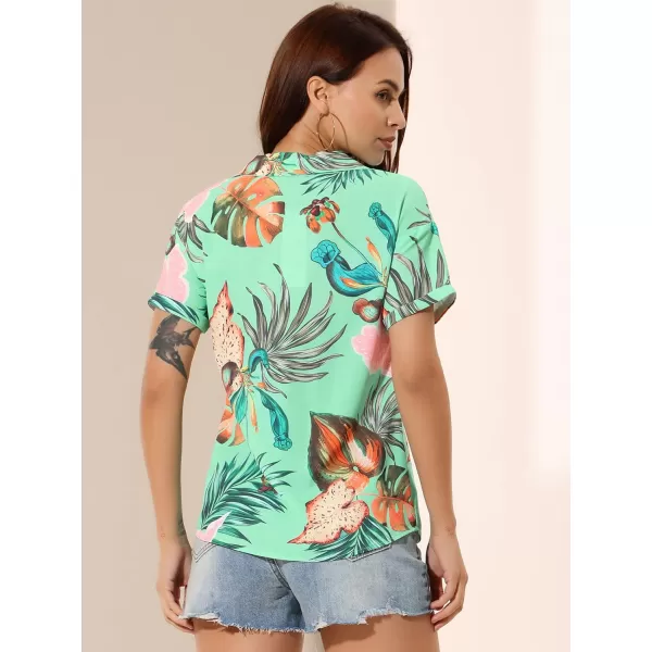 Allegra K Women's Hawaiian Shirt Floral Leaves Printed Short Sleeve Top Button Down Shirt