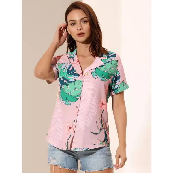 Allegra K Women's Hawaiian Shirt Floral Leaves Printed Short Sleeve Top Button Down Shirt