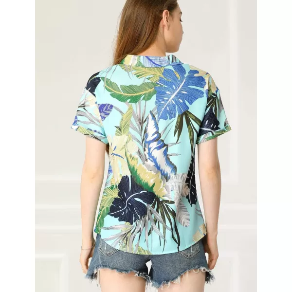 Allegra K Women's Hawaiian Shirt Floral Leaves Printed Short Sleeve Top Button Down Shirt