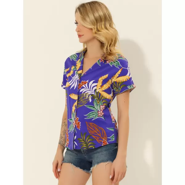 Allegra K Women's Hawaiian Shirt Floral Leaves Printed Short Sleeve Top Button Down Shirt