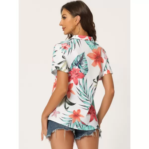 Allegra K Women's Hawaiian Shirt Floral Leaves Printed Short Sleeve Top Button Down Shirt