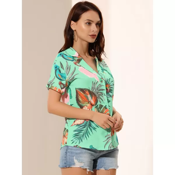 Allegra K Women's Hawaiian Shirt Floral Leaves Printed Short Sleeve Top Button Down Shirt