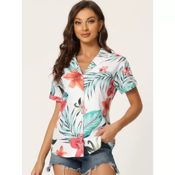 Allegra K Women's Hawaiian Shirt Floral Leaves Printed Short Sleeve Top Button Down Shirt