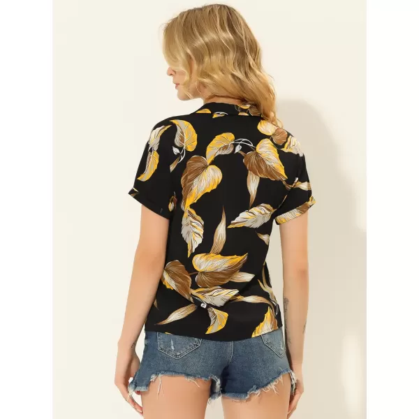 Allegra K Women's Hawaiian Shirt Floral Leaves Printed Short Sleeve Top Button Down Shirt