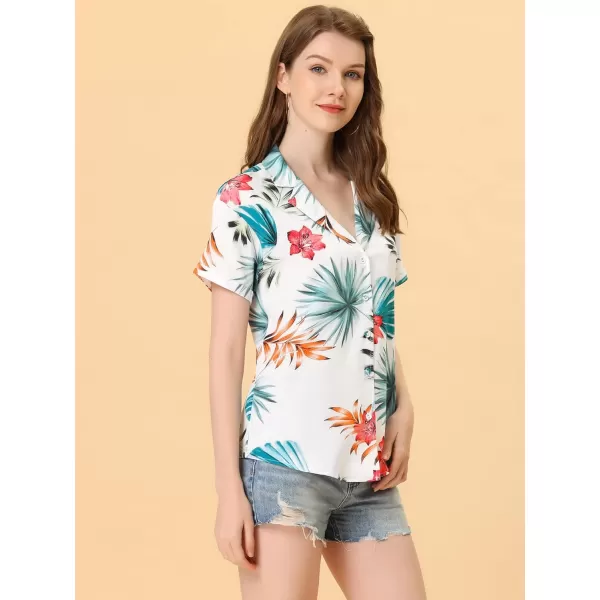 Allegra K Women's Hawaiian Shirt Floral Leaves Printed Short Sleeve Top Button Down Shirt