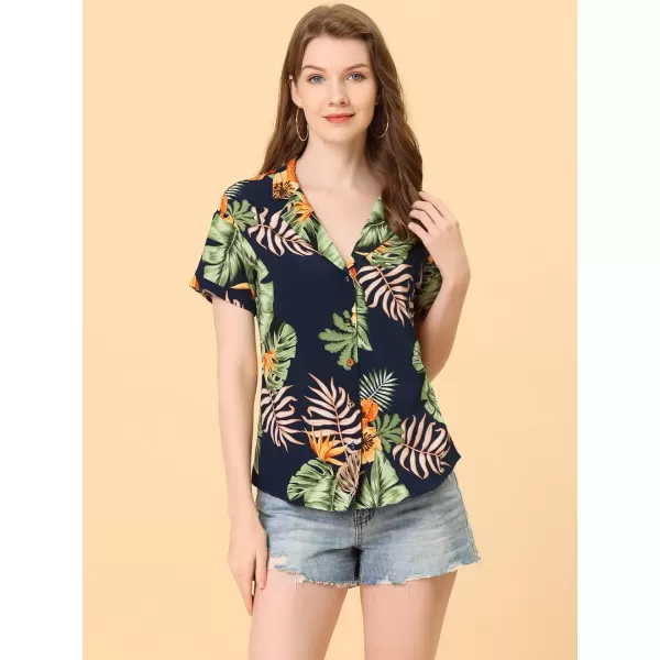 Allegra K Women's Hawaiian Shirt Floral Leaves Printed Short Sleeve Top Button Down Shirt