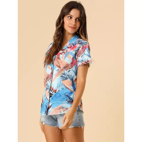 Allegra K Women's Hawaiian Shirt Floral Leaves Printed Short Sleeve Top Button Down Shirt