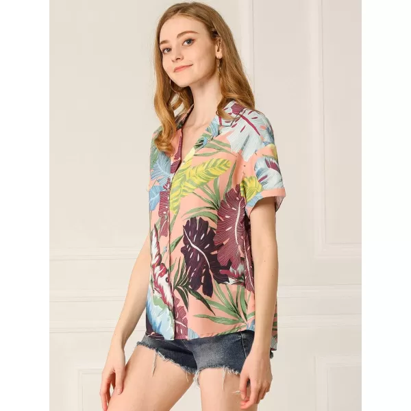 Allegra K Women's Hawaiian Shirt Floral Leaves Printed Short Sleeve Top Button Down Shirt