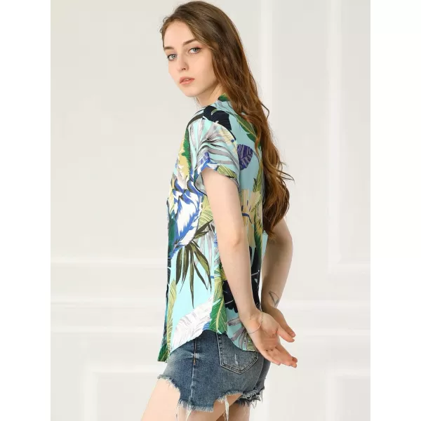 Allegra K Women's Hawaiian Shirt Floral Leaves Printed Short Sleeve Top Button Down Shirt