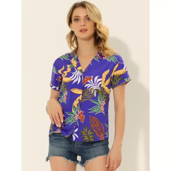 Allegra K Women's Hawaiian Shirt Floral Leaves Printed Short Sleeve Top Button Down Shirt