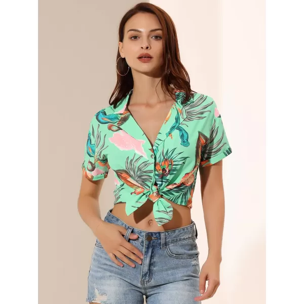 Allegra K Women's Hawaiian Shirt Floral Leaves Printed Short Sleeve Top Button Down Shirt