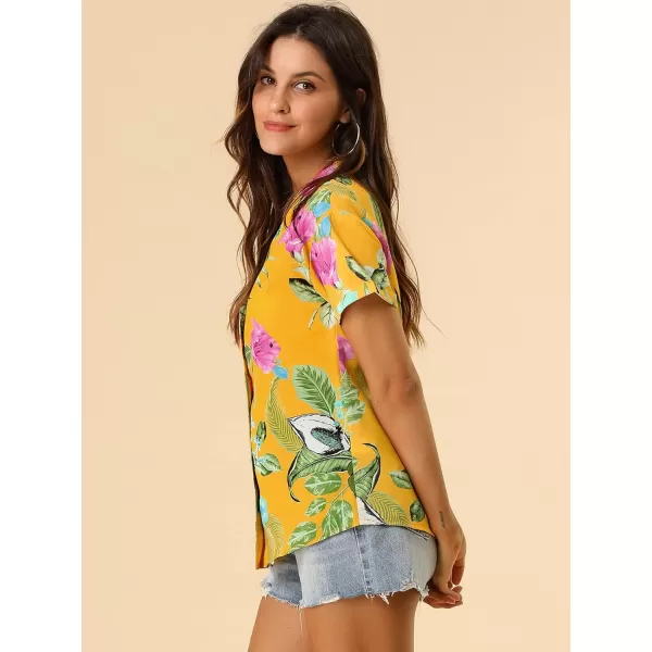 Allegra K Women's Hawaiian Shirt Floral Leaves Printed Short Sleeve Top Button Down Shirt