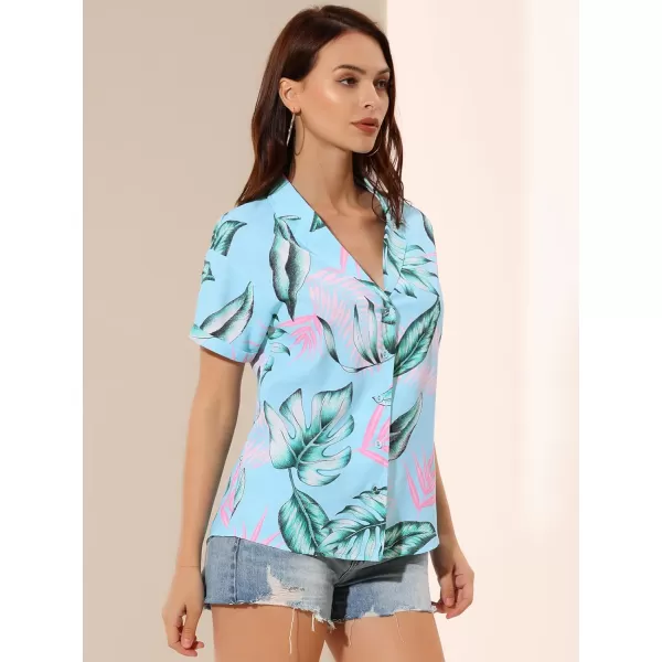 Allegra K Women's Hawaiian Shirt Floral Leaves Printed Short Sleeve Top Button Down Shirt