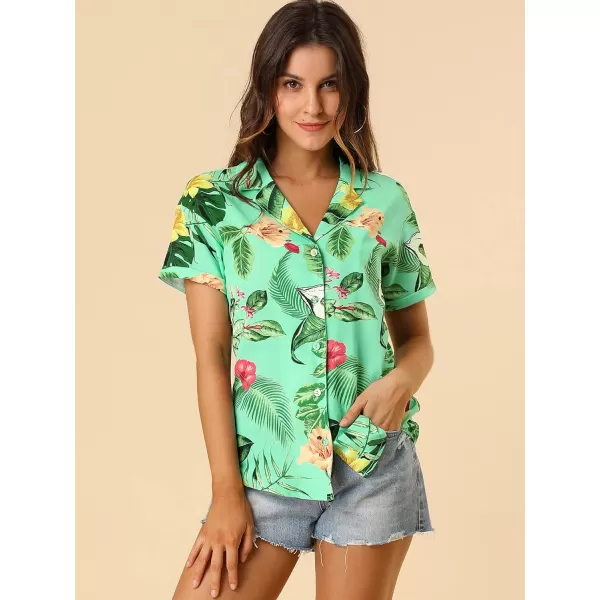 Allegra K Women's Hawaiian Shirt Floral Leaves Printed Short Sleeve Top Button Down Shirt