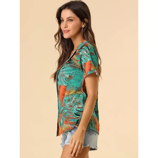 Allegra K Women's Hawaiian Shirt Floral Leaves Printed Short Sleeve Top Button Down Shirt