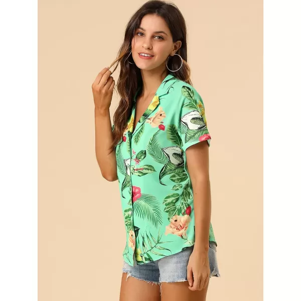 Allegra K Women's Hawaiian Shirt Floral Leaves Printed Short Sleeve Top Button Down Shirt