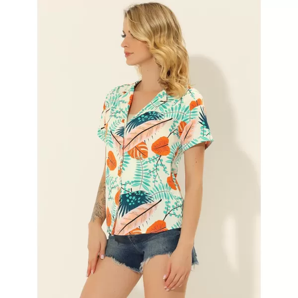 Allegra K Women's Hawaiian Shirt Floral Leaves Printed Short Sleeve Top Button Down Shirt