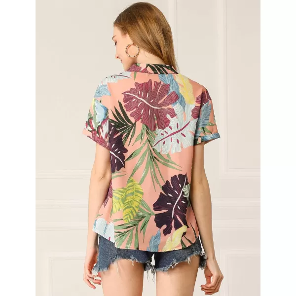 Allegra K Women's Hawaiian Shirt Floral Leaves Printed Short Sleeve Top Button Down Shirt