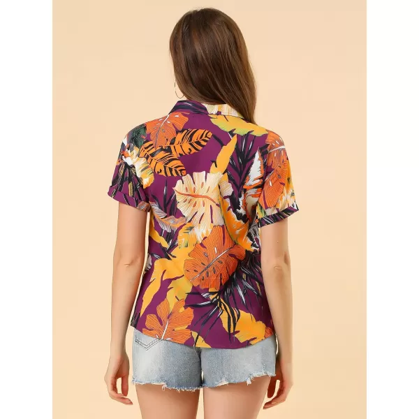 Allegra K Women's Hawaiian Shirt Floral Leaves Printed Short Sleeve Top Button Down Shirt