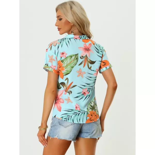 Allegra K Women's Hawaiian Shirt Floral Leaves Printed Short Sleeve Top Button Down Shirt