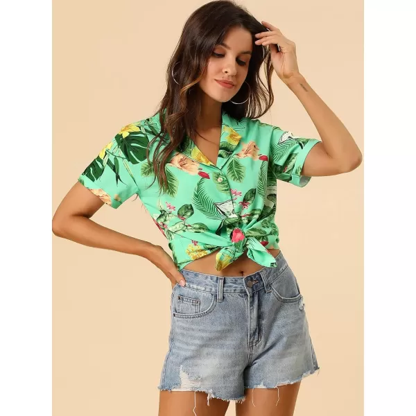 Allegra K Women's Hawaiian Shirt Floral Leaves Printed Short Sleeve Top Button Down Shirt