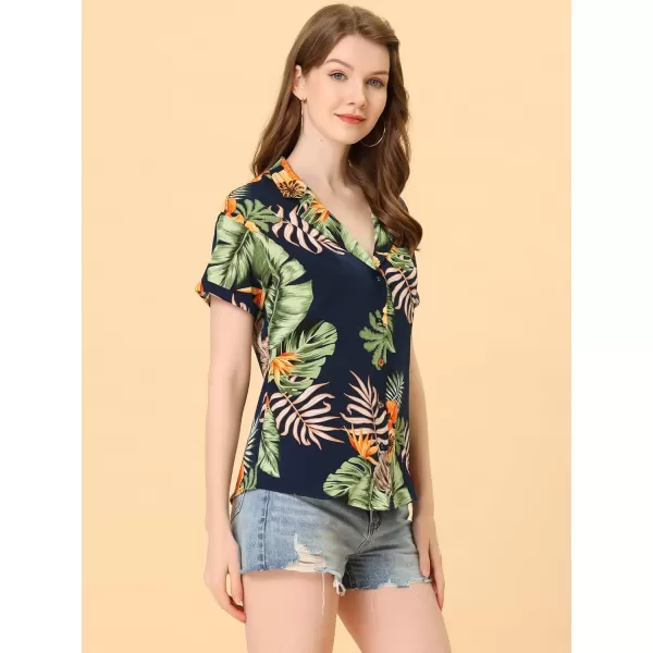 Allegra K Women's Hawaiian Shirt Floral Leaves Printed Short Sleeve Top Button Down Shirt