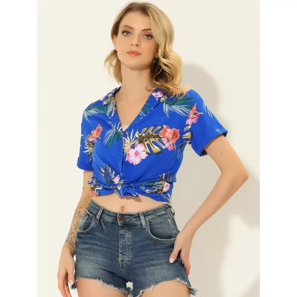 Allegra K Women's Hawaiian Shirt Floral Leaves Printed Short Sleeve Top Button Down Shirt