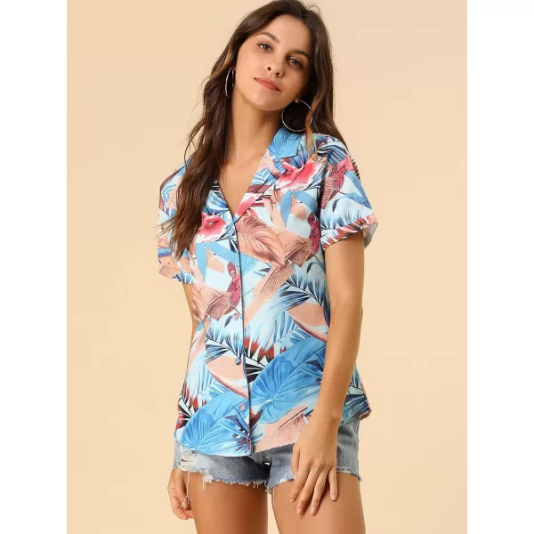 Allegra K Women's Hawaiian Shirt Floral Leaves Printed Short Sleeve Top Button Down Shirt