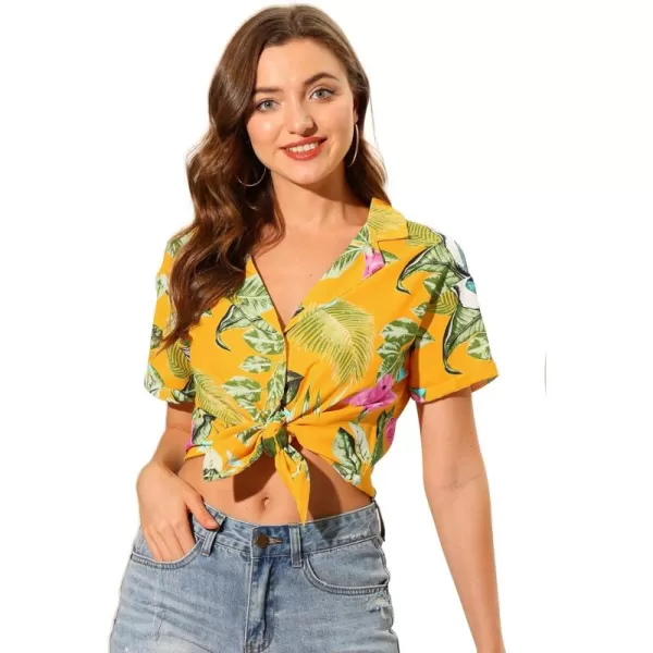 Allegra K Women's Hawaiian Shirt Floral Leaves Printed Short Sleeve Top Button Down Shirt