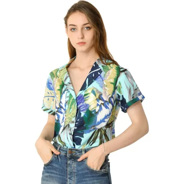 Allegra K Women's Hawaiian Shirt Floral Leaves Printed Short Sleeve Top Button Down Shirt