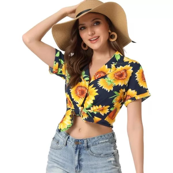 Allegra K Women's Hawaiian Shirt Floral Leaves Printed Short Sleeve Top Button Down Shirt