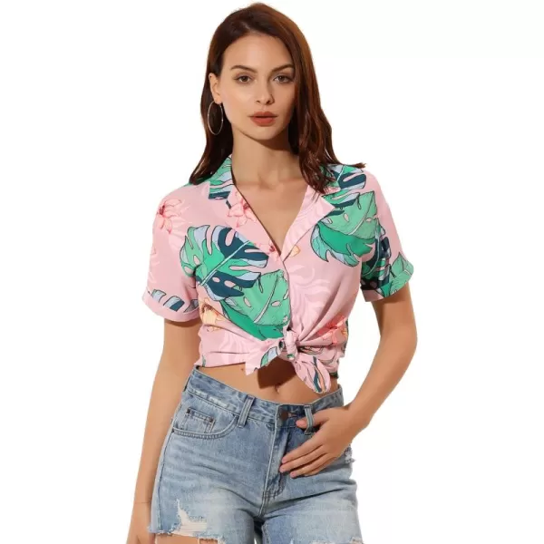 Allegra K Women's Hawaiian Shirt Floral Leaves Printed Short Sleeve Top Button Down Shirt