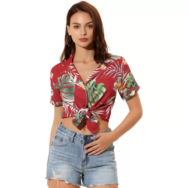 Allegra K Women's Hawaiian Shirt Floral Leaves Printed Short Sleeve Top Button Down Shirt