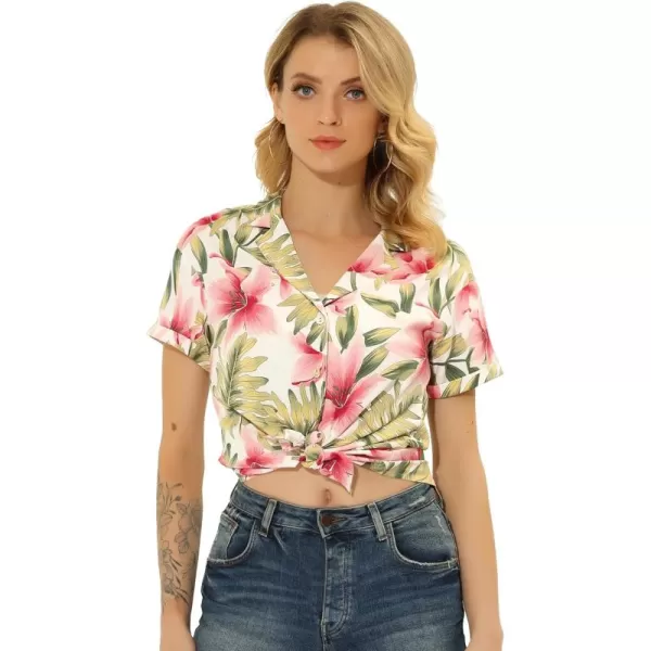 Allegra K Women's Hawaiian Shirt Floral Leaves Printed Short Sleeve Top Button Down Shirt