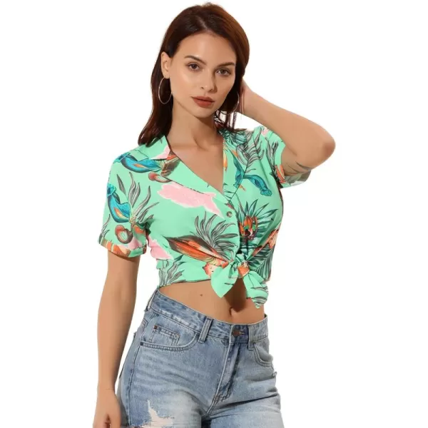 Allegra K Women's Hawaiian Shirt Floral Leaves Printed Short Sleeve Top Button Down Shirt