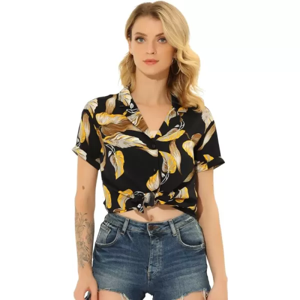 Allegra K Women's Hawaiian Shirt Floral Leaves Printed Short Sleeve Top Button Down Shirt