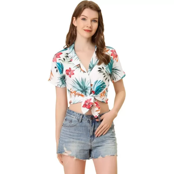 Allegra K Women's Hawaiian Shirt Floral Leaves Printed Short Sleeve Top Button Down Shirt