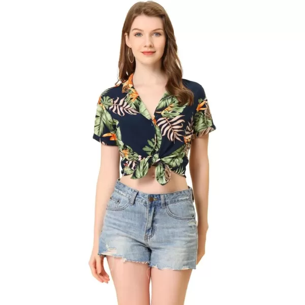 Allegra K Women's Hawaiian Shirt Floral Leaves Printed Short Sleeve Top Button Down Shirt