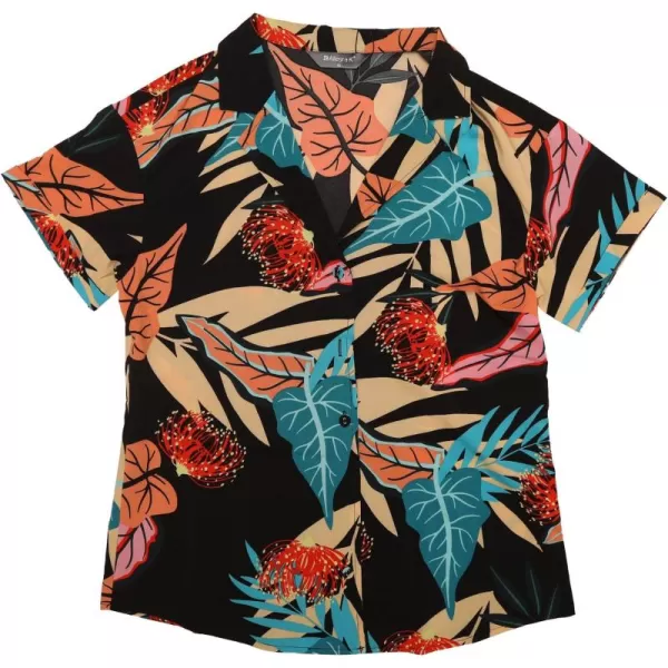 Allegra K Women's Hawaiian Shirt Floral Leaves Printed Short Sleeve Top Button Down Shirt