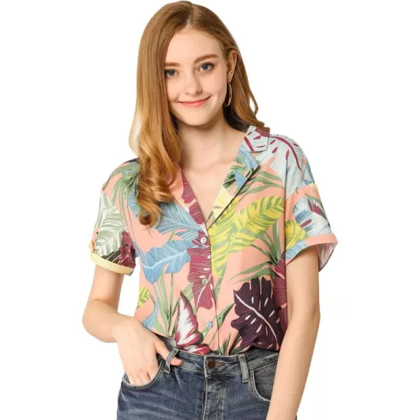 Allegra K Women's Hawaiian Shirt Floral Leaves Printed Short Sleeve Top Button Down Shirt