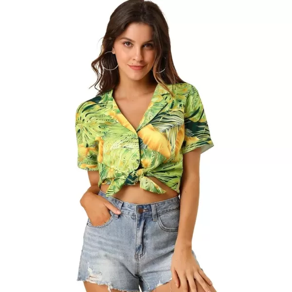 Allegra K Women's Hawaiian Shirt Floral Leaves Printed Short Sleeve Top Button Down Shirt