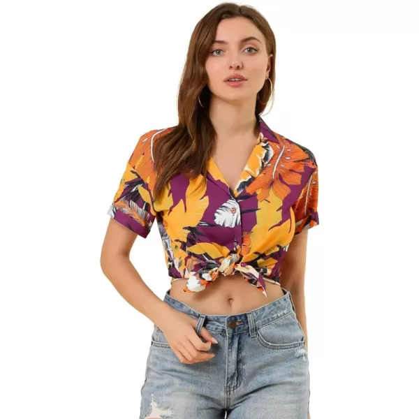 Allegra K Women's Hawaiian Shirt Floral Leaves Printed Short Sleeve Top Button Down Shirt