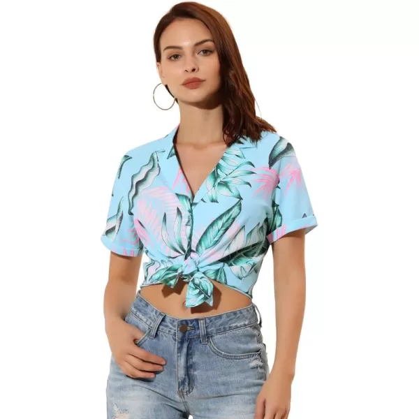 Allegra K Women's Hawaiian Shirt Floral Leaves Printed Short Sleeve Top Button Down Shirt